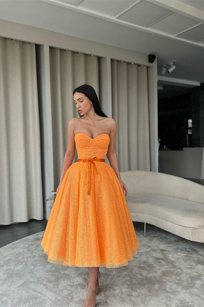 Orange Sweetheart Short Evening Dress Sequins With Belt