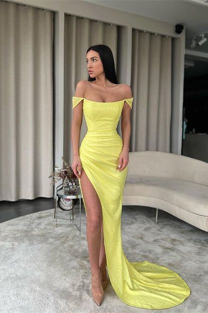 Bright Yellow Off-The-Shoulder Prom Dress Mermaid With Split