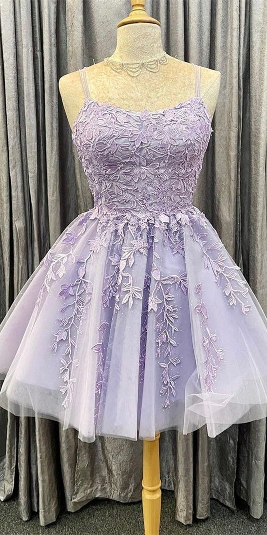 princess short lavender A-line lace appliqued homecoming dress party dress