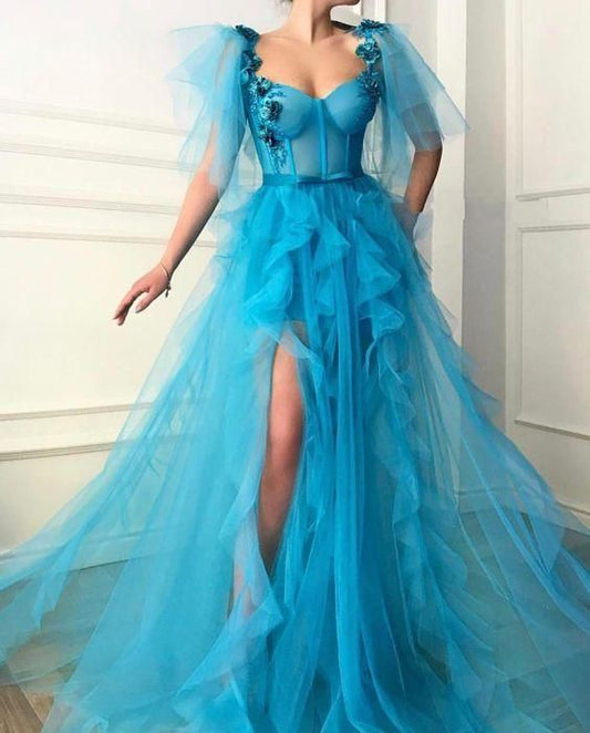 Flowers Ruffles Tulle High Slit Dubai Saudi Arabic Long Evening Gowns Prom Dress