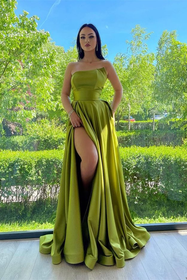 Glamorous Green Strapless Long Evening Dress With Slit