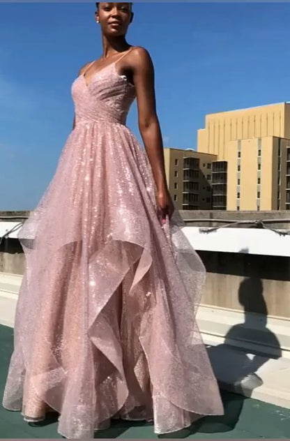 Ruffled rose gold long prom dress with pleated