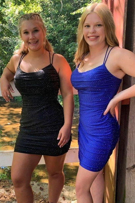 tight black/royal blue short homecoming dresses with spaghetti straps and lace up back