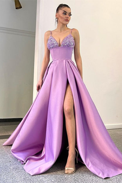 Chic Lilac Spaghetti-Straps V-Neck Evening Dress Sleeveless With Sequins Split