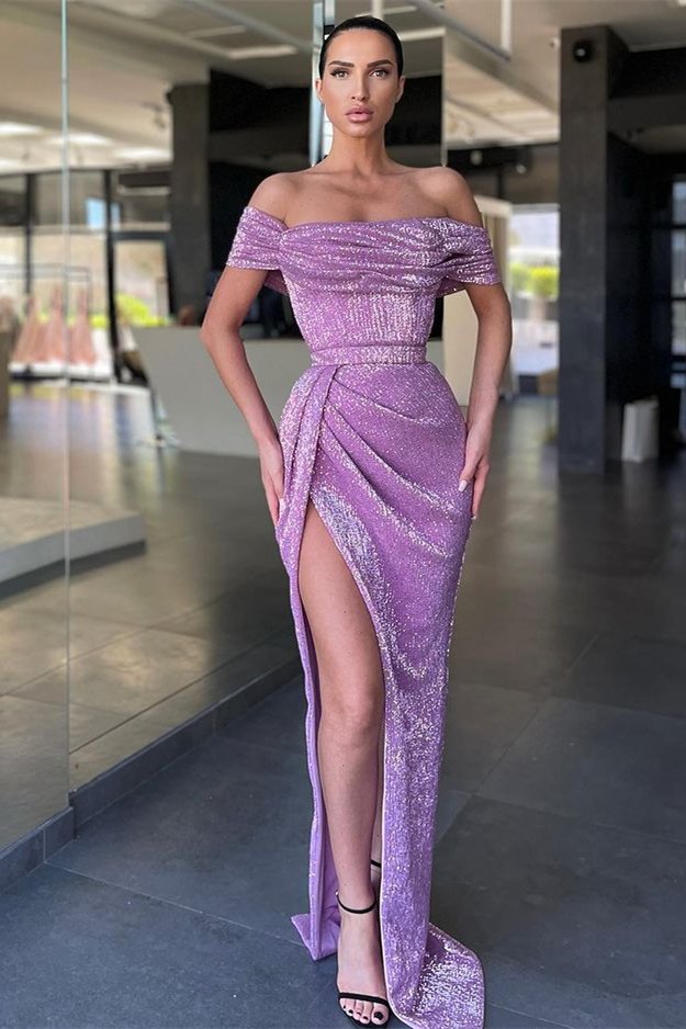 Chic Lilac Off-the-Shoulder Sequins Mermaid Evening Dress Split Long