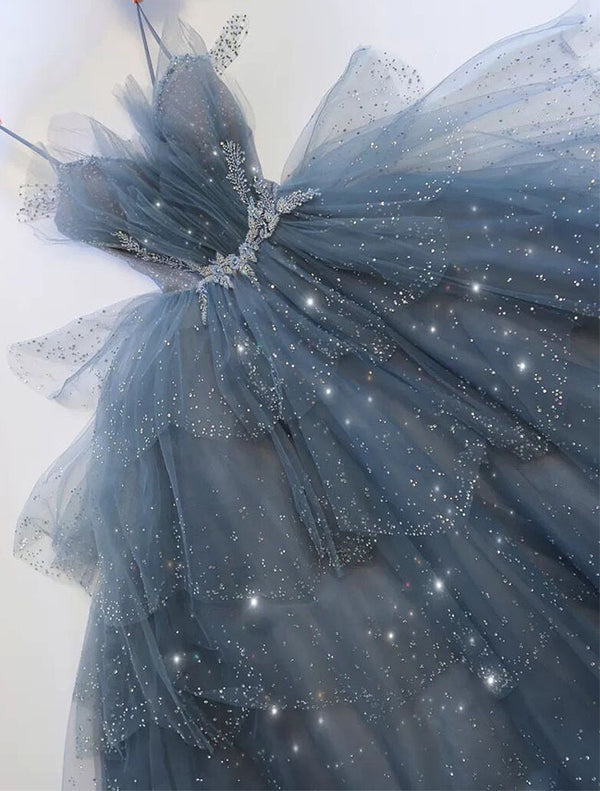 Sparkly Sequin Blue Tulle Sweetheart Layered Skirt Prom Dresses Spaghetti Straps 3D Flowers Evening Gown robe de soirée femme