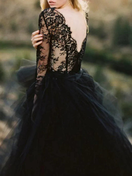 Charming A-Line Long Sleeve Black Wedding Dresses,Lace Wedding Gown,Black Bridal Dresses