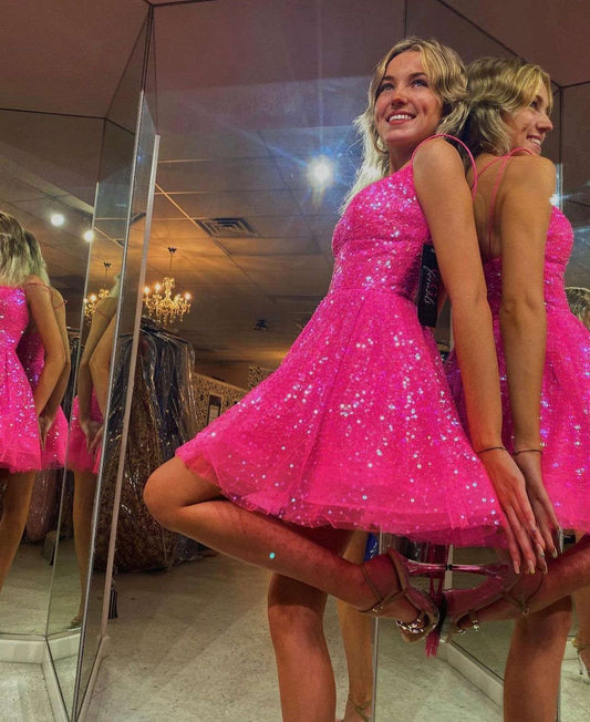 Glitter Straps Hot Pink Short Homecoming Dress