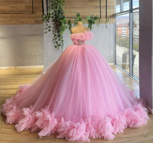 Tiered Ruffles Ball Gown Women Light Pink Tulle Party Dress Elegant Long Prom Dress Sweet 16 Dress