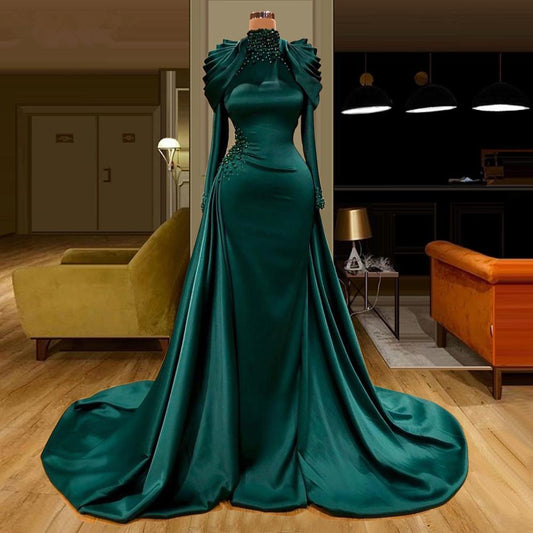 green prom dress, high neck prom dress, long sleeve prom dress, satin evening dresses, detachable skirt evening dreses, pearls prom dresses, long sleeve evenng dresses