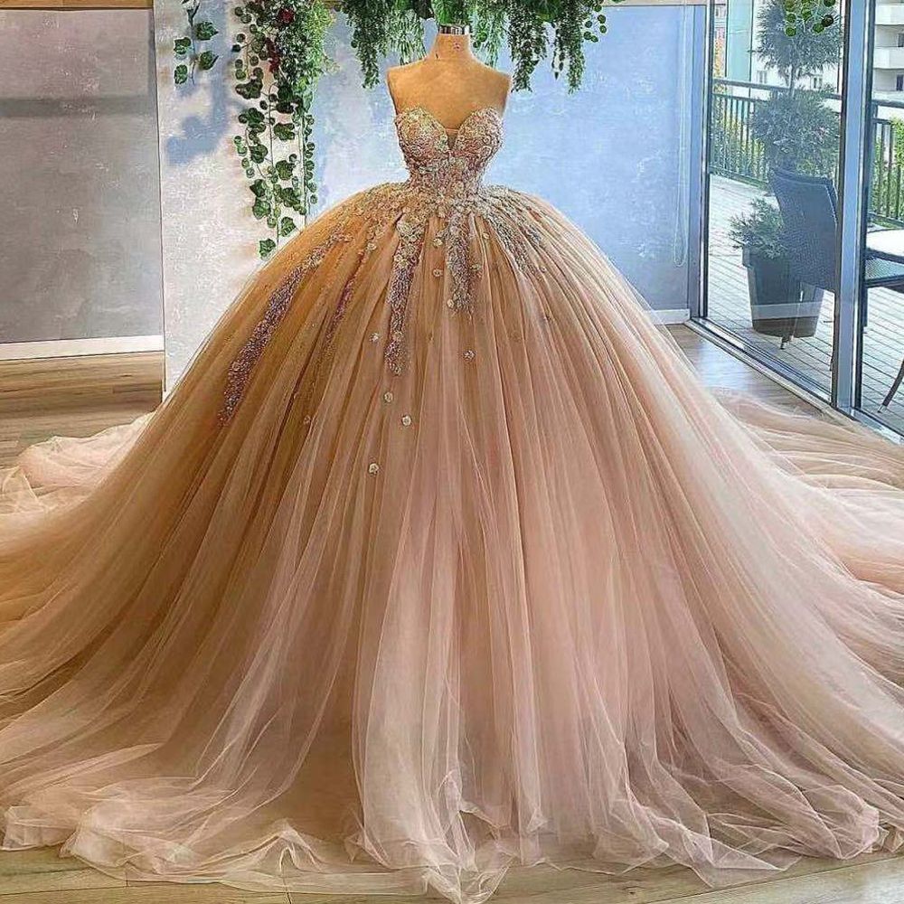 Champagne Sweetheart Tulle Quinceanera Dresses,Sweet 16 Dresses,Sleeveless Long Prom Formal Gown