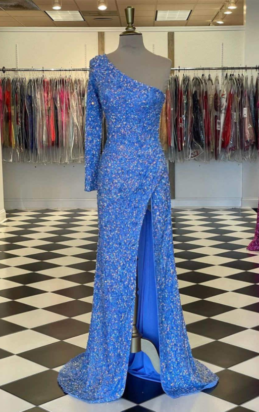 Sparkly Blue Sequind Long Sleeve Prom Dress