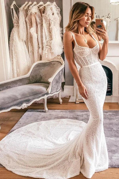 Mermaid Spaghetti Straps Lace Wedding Dress Bridal Gown